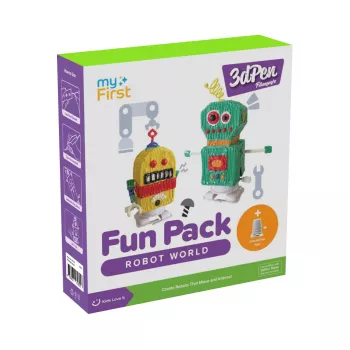 myFirst 3dPen Make Filaments Fun Pack Robot World - luovuussetti: 5 mallipohjaa, 17 PCL-filamenttia (34 m), pull-back-auto-moduuli, termoplastkalvo