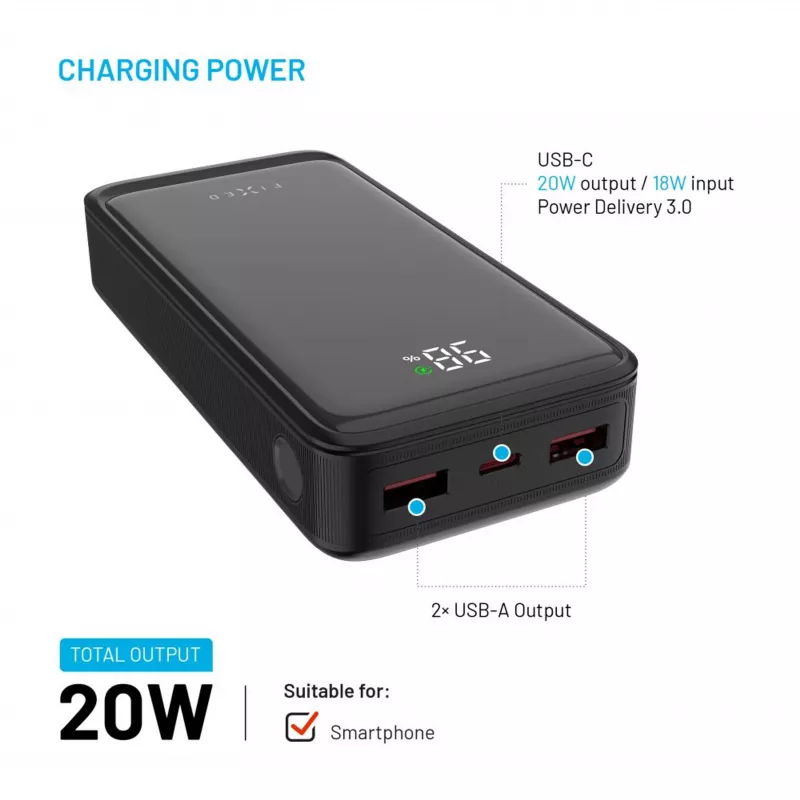 Fixed Zen2 20 power bank, 20000 mAh, PD 20 W, LCD-näyttö, musta