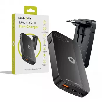 Mobile Origin 65W GaN Slim Dual USB-C Single USB-A musta seinälaturi