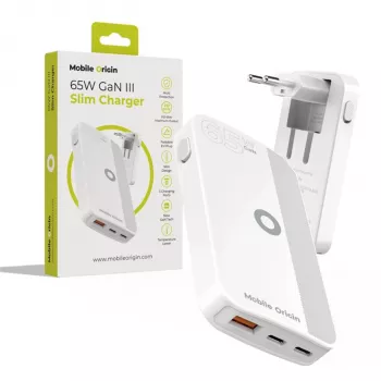 Mobile Origin 65W GaN Slim Dual USB-C Single USB-A seinälaturi, valkoinen