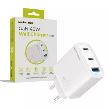 Mobile Origin 40W GaN laturi MO13 valkoinen 1x USB-A + 2x USB-C