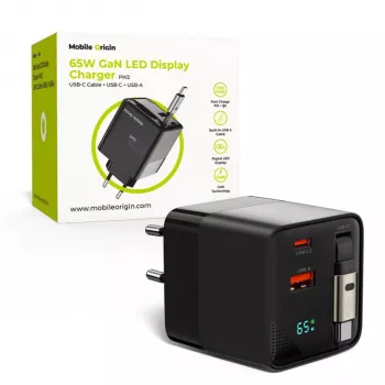 Mobile Origin 65W GaN laturi USB-C sisäänvedettävä kaapeli + USB-A 75cm
