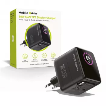 Mobile Origin 65W GaN -laturi PW3 USB-C -kelautuva kaapeli 65cm + USB-A musta