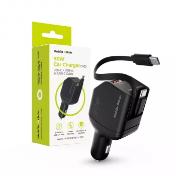 Mobile Origin 90W autolaturi CA22 USB-C+USB-A ja 2x 60cm kaapelit