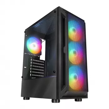 Rampage SHIVA Mid Tower PC-kotelo karkaistusta lasista valmistetulla sivupaneelilla ja 4x 120mm rainbow RGB -tuulettimella, musta