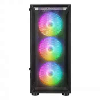 Rampage SHIVA Mid Tower PC-kotelo karkaistusta lasista valmistetulla sivupaneelilla ja 4x 120mm rainbow RGB -tuulettimella, musta