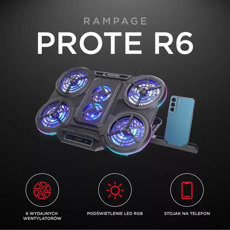 Rampage PROTE R6 kannettavan jäähdytysteline, 10-17 tuumaa, RGB