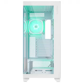 Rampage Hydra V1 Mid-Tower PC-kotelo, valkoinen, 4x 120mm ARGB-tuuletinta, USB-C/USB-A, ARGB-keskitin, karkaistu lasi