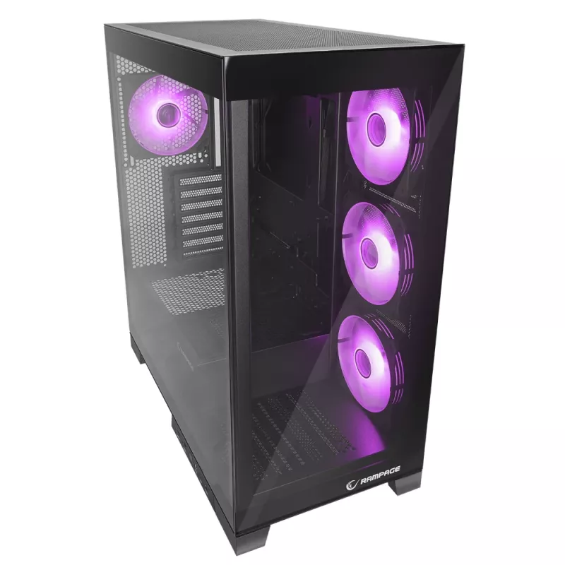 Rampage Hydra V2 Mid-Tower PC-kotelo 4x 120mm ARGB-tuulettimella, karkaistu lasi, musta