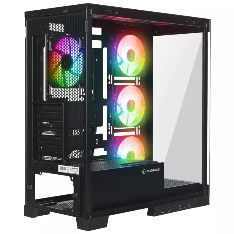 Rampage Hydra V2 Mid-Tower PC-kotelo 4x 120mm ARGB-tuulettimella, karkaistu lasi, musta
