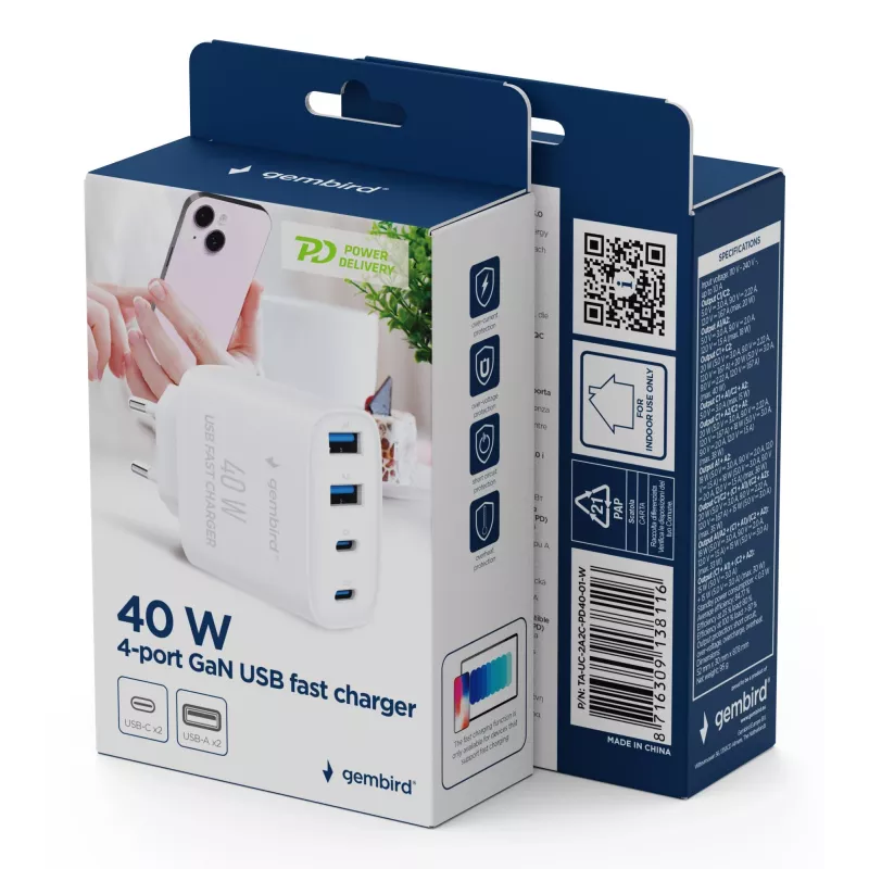GEMBIRD TA-UC-2A2C-PD40-01-W GaN USB PD 4-porttinen laturi, 40 W, valkoinen