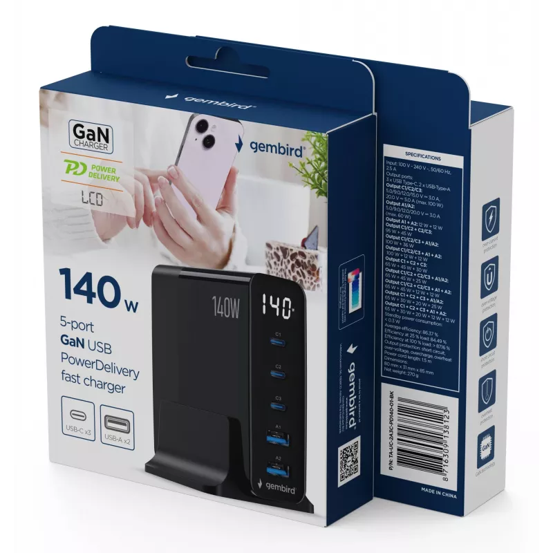 GEMBIRD TA-UC-2A3C-PD140-01-BK GaN 5-porttinen USB-C & USB-A pikalaturi, 140 W, musta