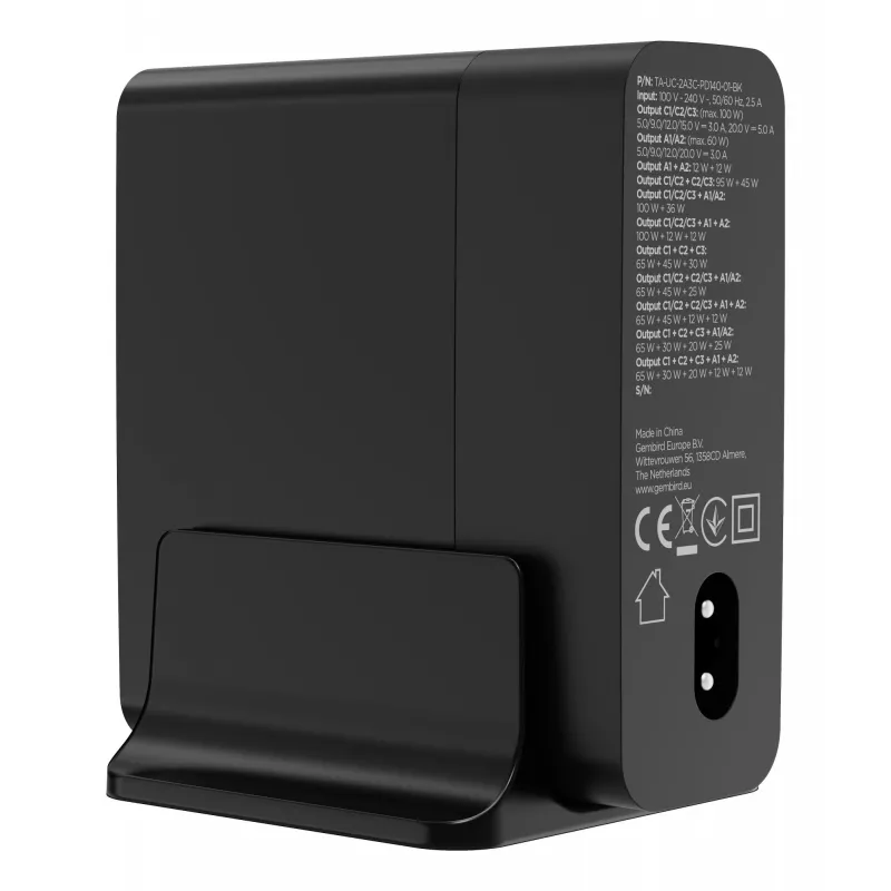 GEMBIRD TA-UC-2A3C-PD140-01-BK GaN 5-porttinen USB-C & USB-A pikalaturi, 140 W, musta