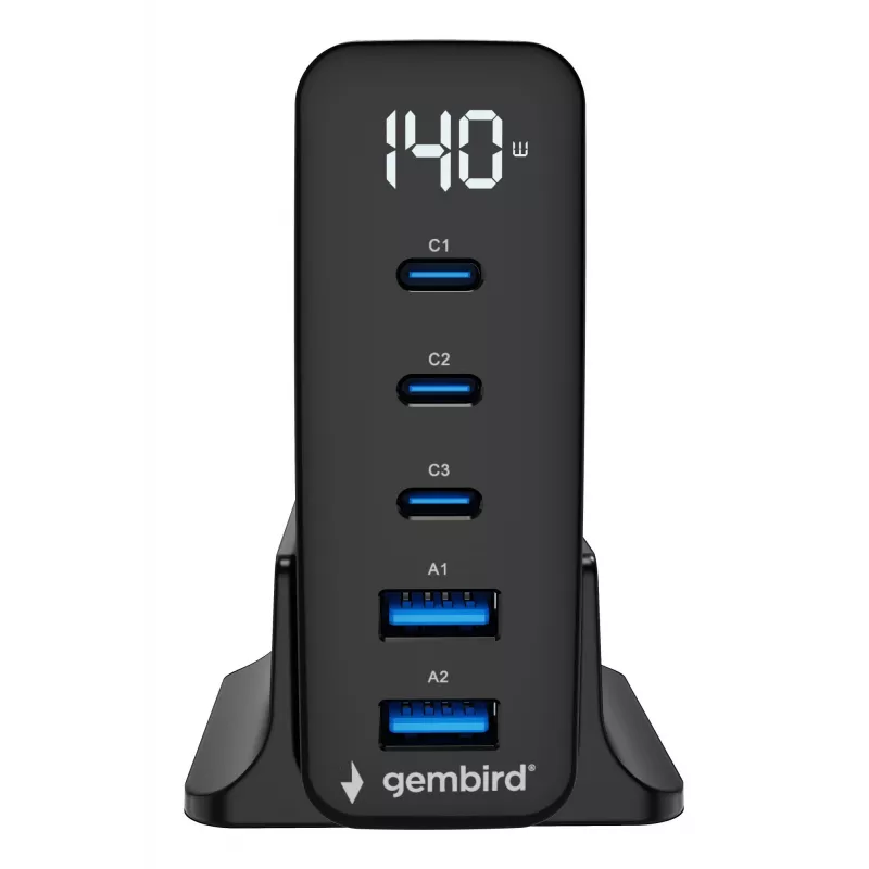 GEMBIRD TA-UC-2A3C-PD140-01-BK GaN 5-porttinen USB-C & USB-A pikalaturi, 140 W, musta