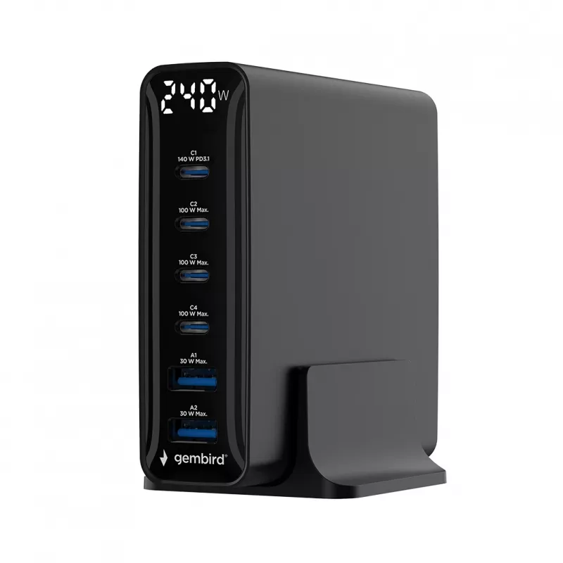Gembird TA-UC-2A4C-PD240-01-BK 6-porttinen USB-laturi 240W GaN musta