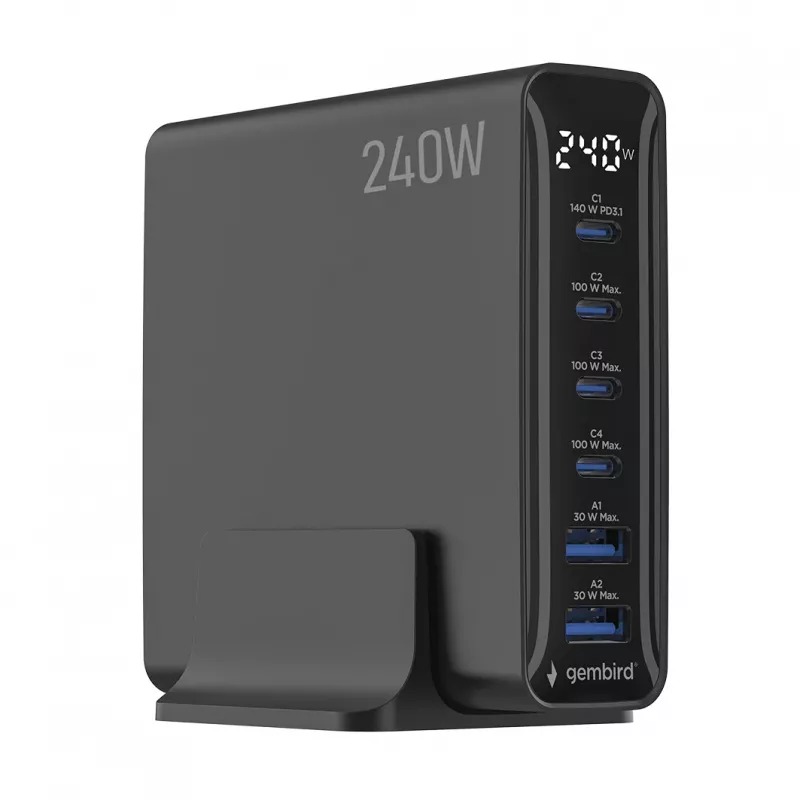 Gembird TA-UC-2A4C-PD240-01-BK 6-porttinen USB-laturi 240W GaN musta