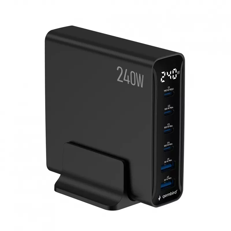Gembird TA-UC-2A4C-PD240-01-BK 6-porttinen USB-laturi 240W GaN musta