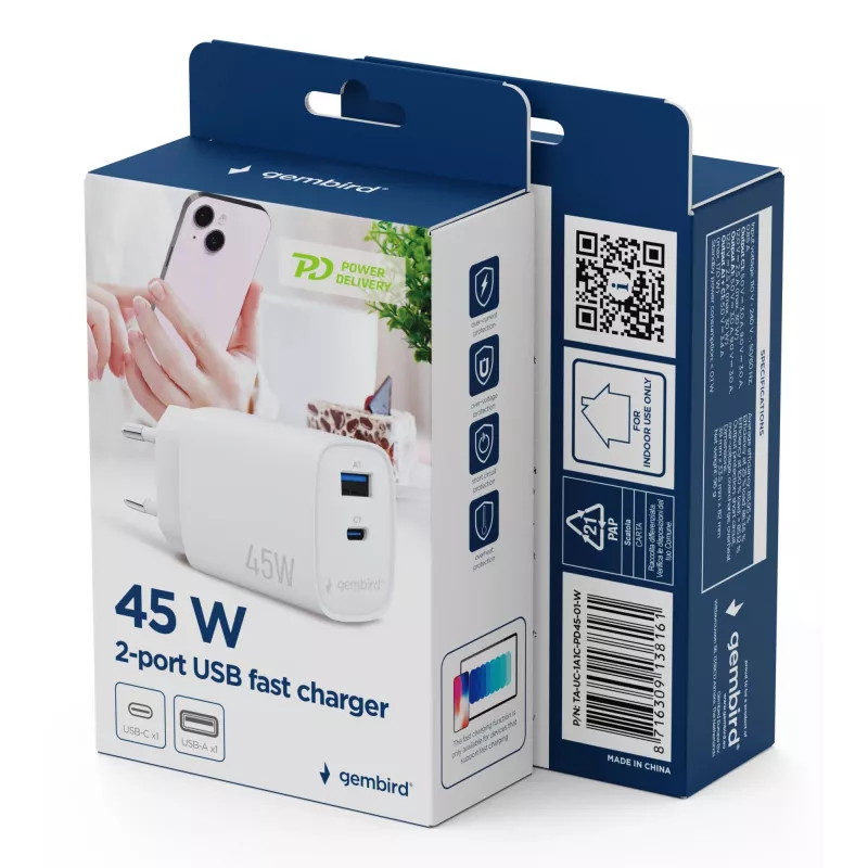 Gembird TA-UC-1A1C-PD45-01-W 45W USB-C PD virtalähde valkoinen