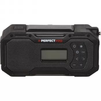PerfectPro E-100 hätäradio aurinkopaneelilla, käsikammella, LED-taskulampulla, varavirtalähteellä, AM/FM, IPX3