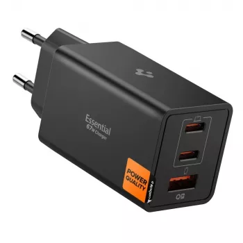 Spigen Essential EE673EU 67W GaN 3-porttinen USB-C/USB-A verkkolaturi musta