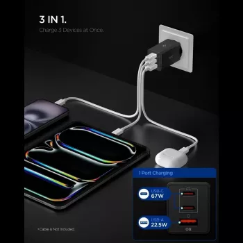 Spigen Essential EE673EU 67W GaN 3-porttinen USB-C/USB-A verkkolaturi musta