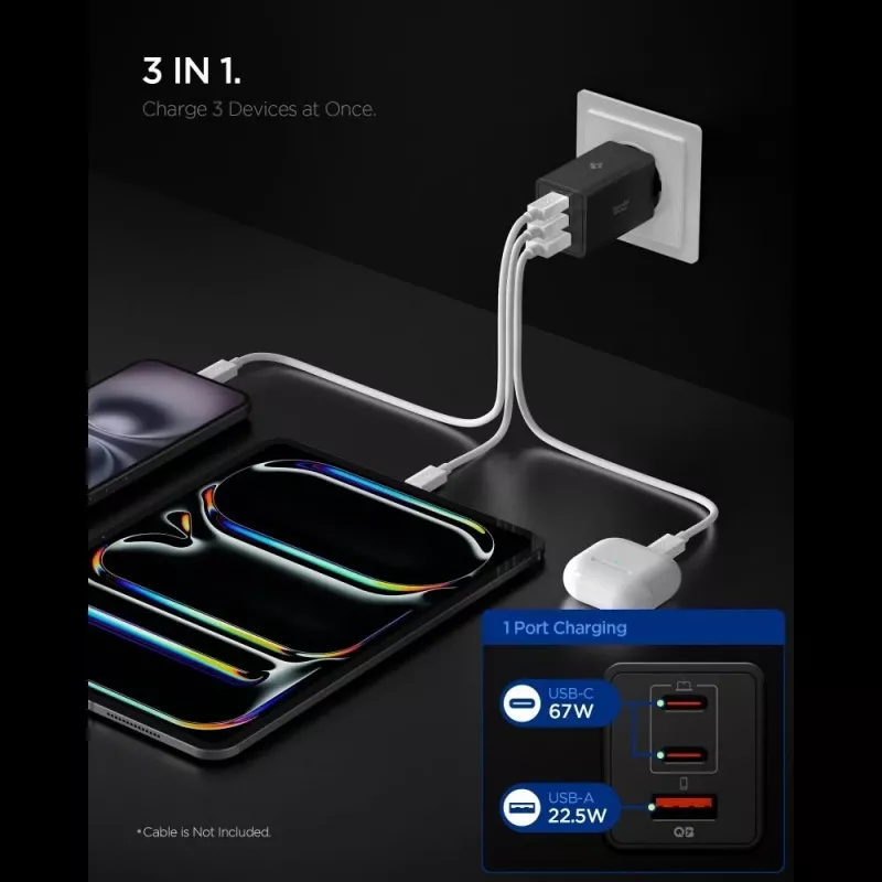 Spigen Essential EE673EU 67W GaN 3-porttinen USB-C/USB-A verkkolaturi musta