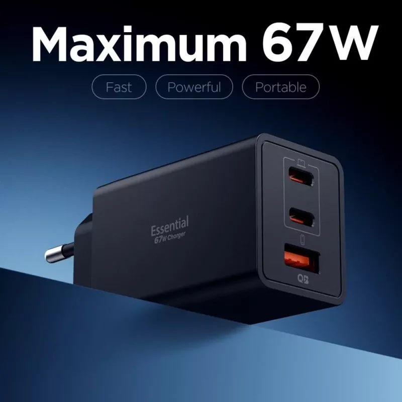 Spigen Essential EE673EU 67W GaN 3-porttinen USB-C/USB-A verkkolaturi musta