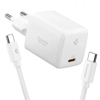 SPIGEN EE451EU Essential 1-porttinen verkkolaturi 45W + USB-C kaapeli valkoinen