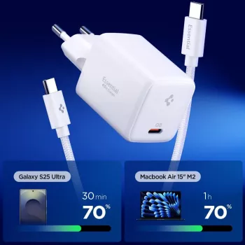 SPIGEN EE451EU Essential 1-porttinen verkkolaturi 45W + USB-C kaapeli valkoinen