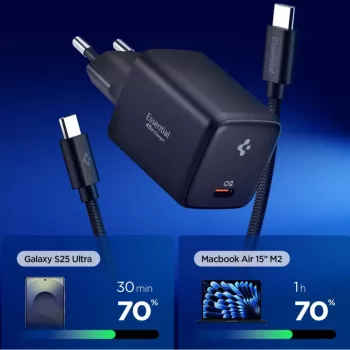 SPIGEN EE451EU ESSENTIAL 1-PORTTINEN VERKKOLATURI 45W + TYPE-C KAAPELI MUSTA