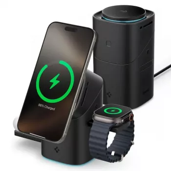 SPIGEN EF223MS Essential 3-in-1 pyörivä magneettinen MagSafe langaton laturi 15W Qi2 musta