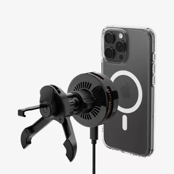 SPIGEN EV25MFAQ Essential Peltier Magnetic MagSafe -tuuletusaukkoon kiinnitettävä autoteline ja langaton laturi 25W Qi2.2 musta