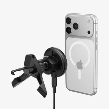 SPIGEN EV15MAQ Essential Magnetic MagSafe -tuuletusaukkoon kiinnitettävä autoteline ja langaton laturi 15W Qi2 musta