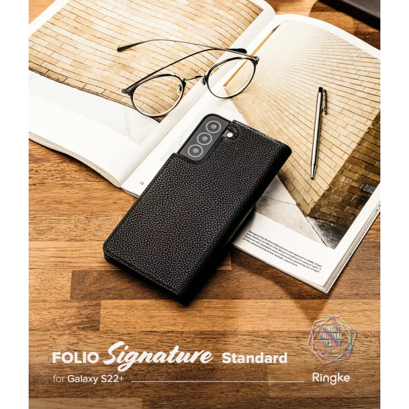 Ringke Folio Signature nahkakotelo korttipaikoilla Samsung Galaxy S22+:lle (S22 Plus) - musta