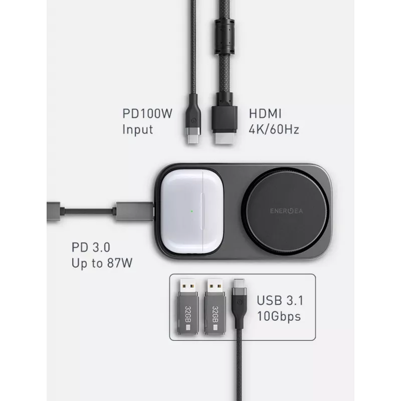 ENERGEA WiDock Plus 7-in-1 USB-C 3.1 -telakointiasema Qi2-langattomalla latauksella, grafiitti