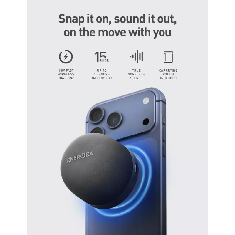 ENERGEA MagAudio Go Plus Qi MagSafe kannettava Bluetooth-kaiutin kantohihnalla, grafiitti