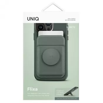 UNIQ Flixa magneettinen korttilompakko jalustalla Lichen Green MagSafe