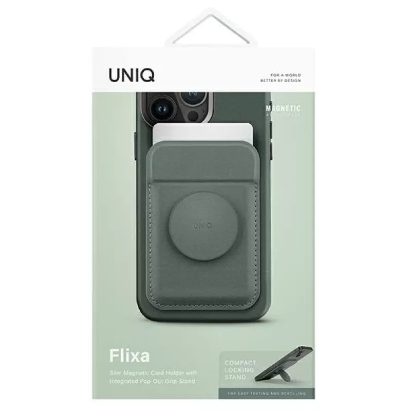 UNIQ Flixa magneettinen korttilompakko jalustalla Lichen Green MagSafe