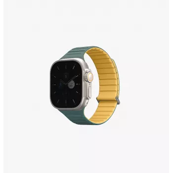 UNIQ Revix Evo kaksipuolinen magneettinen silikoniranneke Apple Watch Series 1/2/3/4/5/6/7/8/9/SE/SE2/SE3/Ultra/Ultra2/Ultra3 42/44/45/49mm Viridian Green / Burnt Yellow