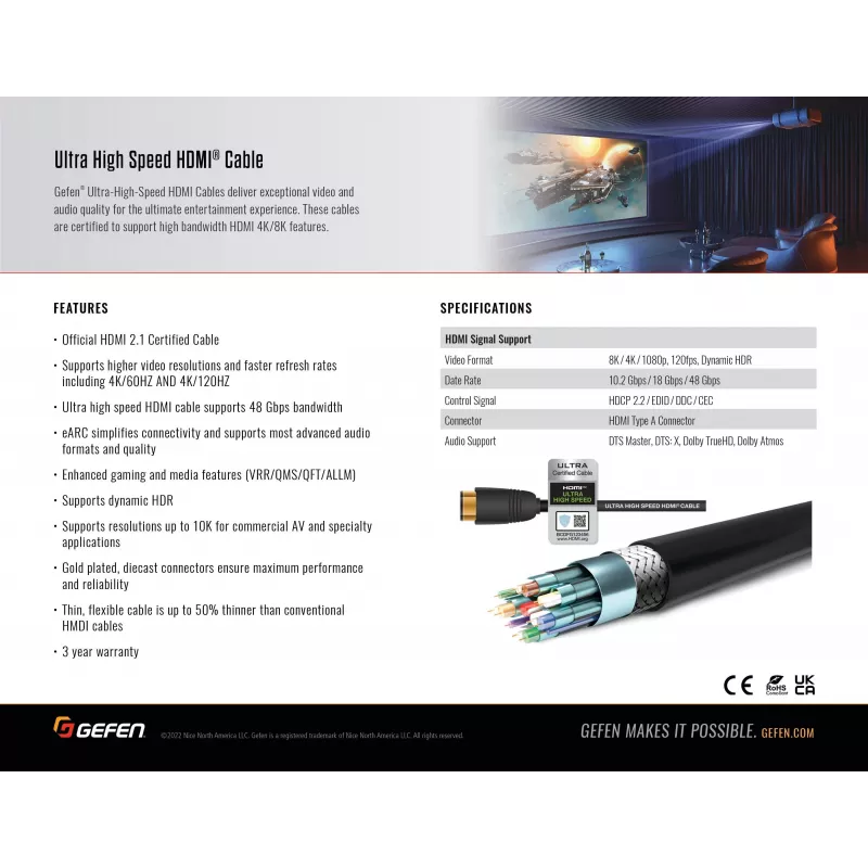 Gefen GEF-CAB-HS-HDMI-15M HDMI 2.1 -kaapeli 15 m 48 Gbit/s 8K 4K HDR eARC musta