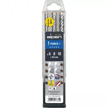 Alpen SDS+ FORCE X iskuporanteräsarja, 3-osainen, 6-8-10 x 160 mm, 4-teräinen, kovametalli
