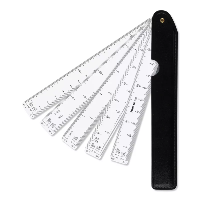 Aristo 5-Fold Scale Ruler 1:1/10/15/20/25/30/33.33/40/50/75/125 300 mm valkoinen