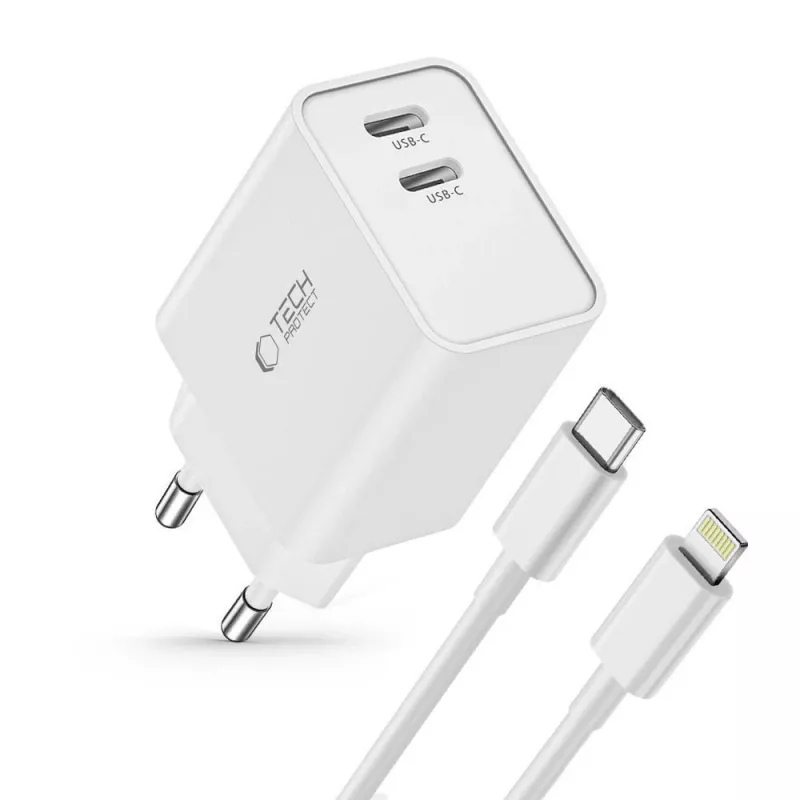 TECH-PROTECT C35W 2-porttinen verkkolaturi PD 35W + Lightning-kaapeli valkoinen