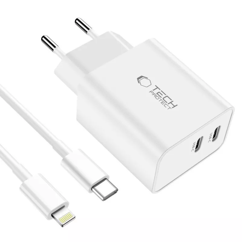 TECH-PROTECT C35W 2-porttinen verkkolaturi PD 35W + Lightning-kaapeli valkoinen