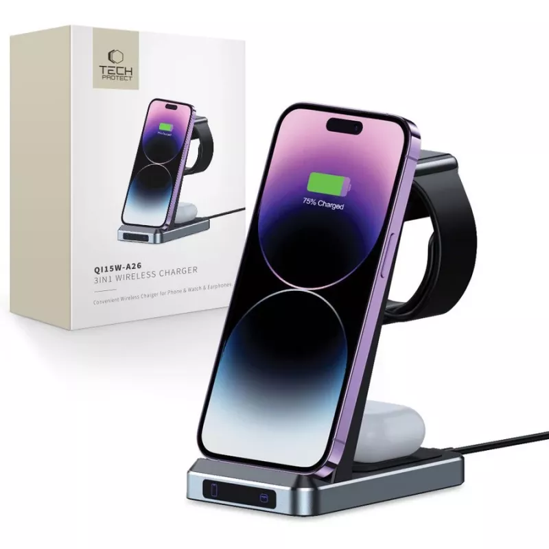 Tech-Protect QI15W-A26 3IN1 langaton latausasema, musta