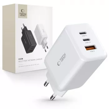 TECH-PROTECT C65W 3-porttinen verkkolaturi PD 65W / QC3.0, valkoinen
