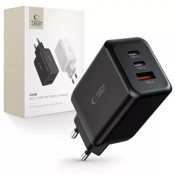 TECH-PROTECT C65W 3-porttinen verkkolaturi PD 65W / QC3.0, musta