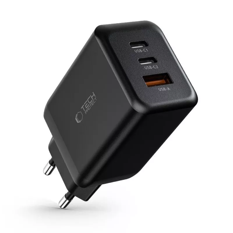 TECH-PROTECT C65W 3-porttinen verkkolaturi PD 65W / QC3.0, musta