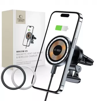 TECH-PROTECT MM15W-V5 magneettinen MagSafe-autoteline ilmanvaihtosäleikköön, langaton laturi 15 W, musta