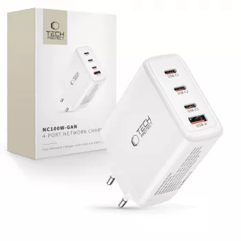 Tech-Protect NC100W-GAN 4-porttinen valkoinen GaN-verkkolaturi 100W USB-C USB-A